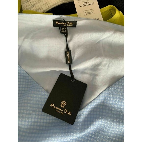 Massimo Dutti Gingham Lace Panel Bishop Sleeve Blouse Light Blue Size 10 / 38 - Picture 7 of 7